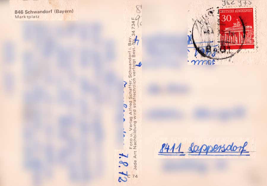 Rückseite der gelaufenen AK Schwandorf, 1972 in Fronberg geschrieben und nach Lappersdorf versandt