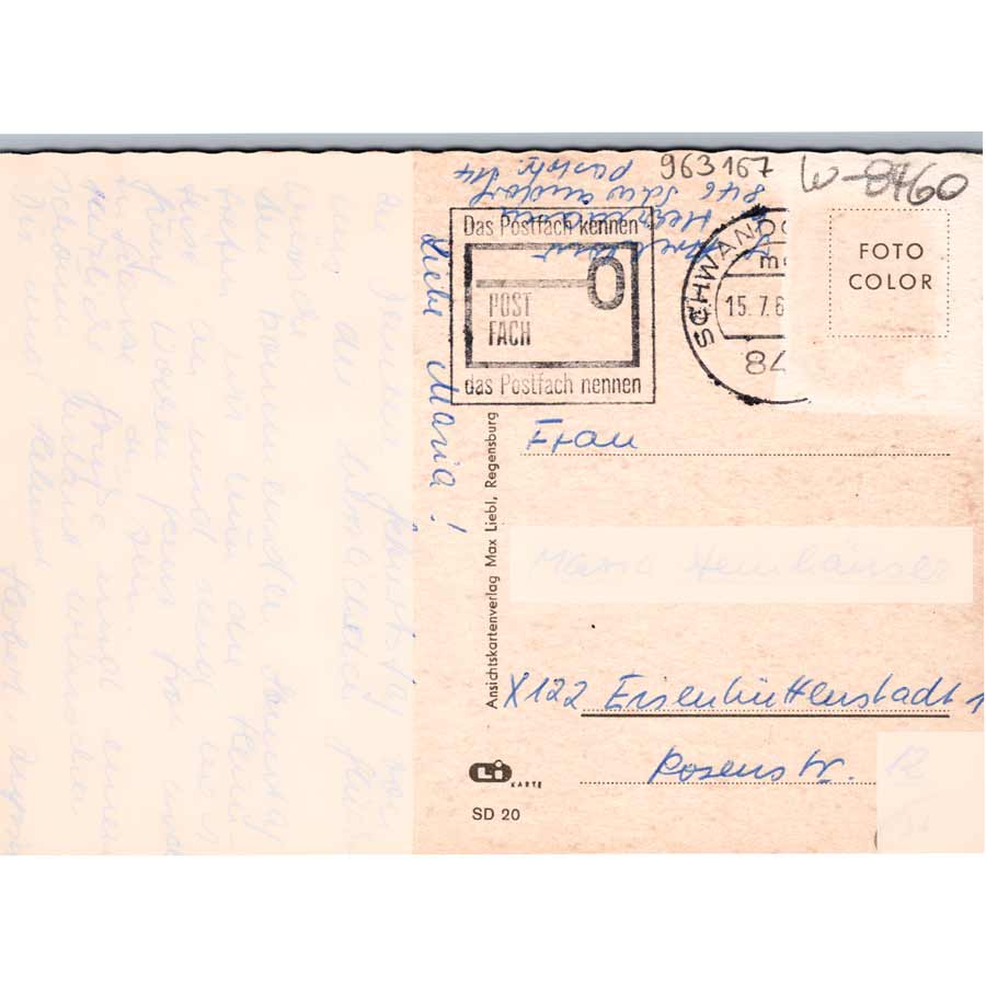 Rückseite einer alten gelaufenen Ansichtskarte aus Seo Schwandorf in der Oberpfalz mit handschriftlichem Text, Adresse und Schwandorfer Poststempel