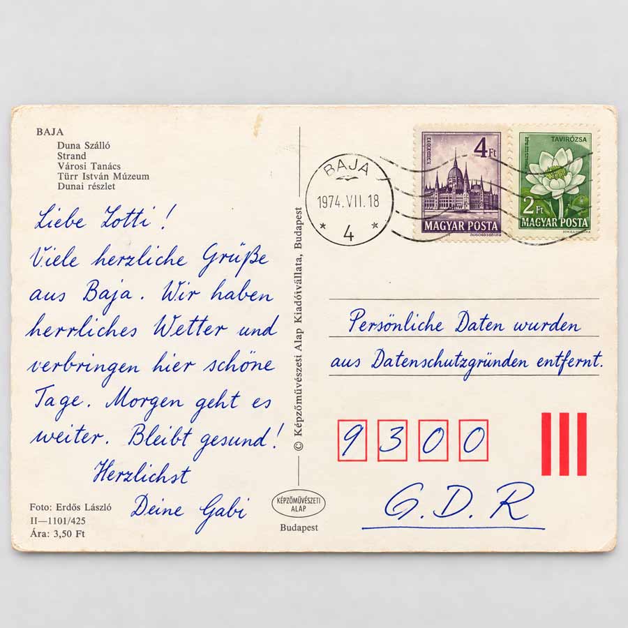 Alte Ansichtskarte von Baja, historische AK mit beschriebener Rückseite und Briefmarken aus dem Komitat Bács-Kiskun