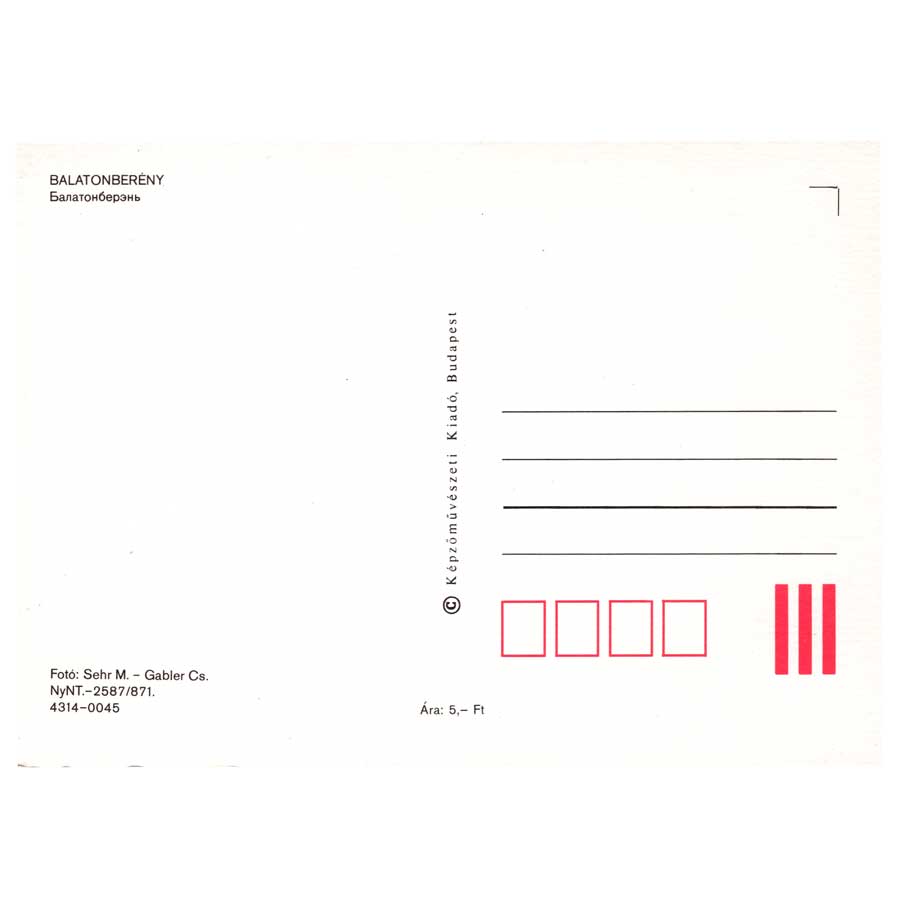 Rückseite der ungelaufenen Ansichtskarte Balatonberény um 1987 mit Képzőművészeti Kiadó Budapest und ursprünglichem Preis von 5 Forint.
