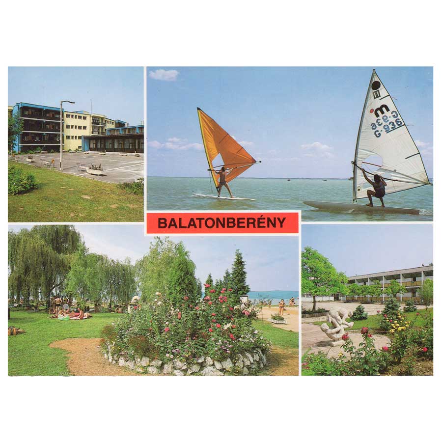 Alte Ansichtskarte Balatonberény am Balaton um 1987, Vorderseite mit Windsurfern, Strand und Ferienanlage