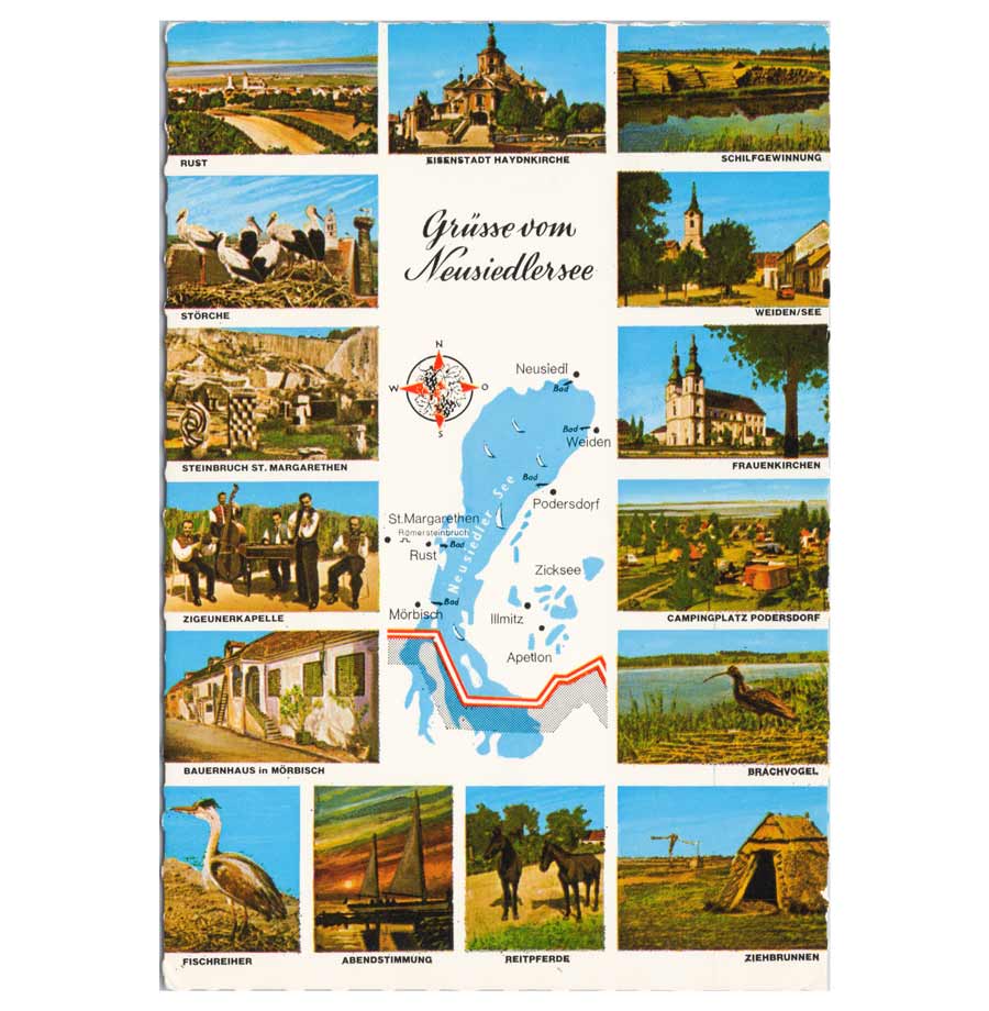 Alte Ansichtskarte „Grüße vom Neusiedlersee“ mit Rust, Eisenstadt, St. Margarethen, Mörbisch, Weiden, Frauenkirchen, Podersdorf und Motiven aus dem Seewinkel.