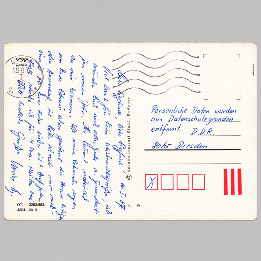Alte Ansichtskarte von Gyula, historische AK aus dem Komitat Békés mit handschriftlichem Text, Poststempel und postalischen Angaben.