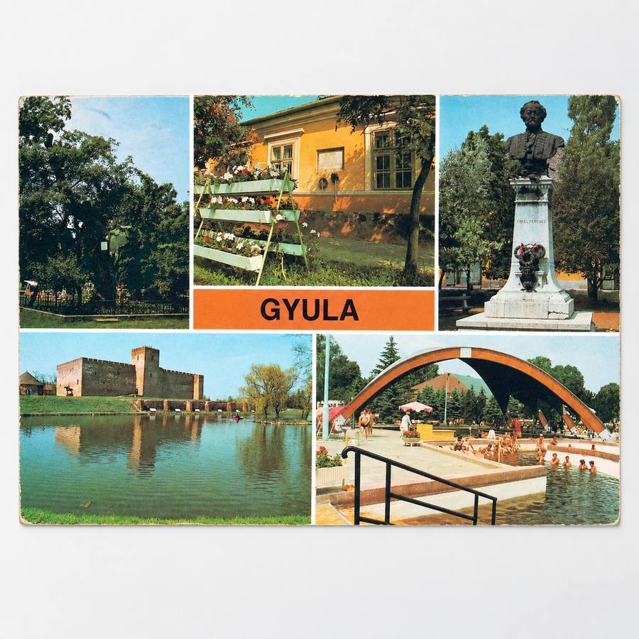 Alte Ansichtskarte von Gyula, historische AK aus dem Komitat Békés mit Burg, Thermalbad, Denkmal und Stadtansichten.