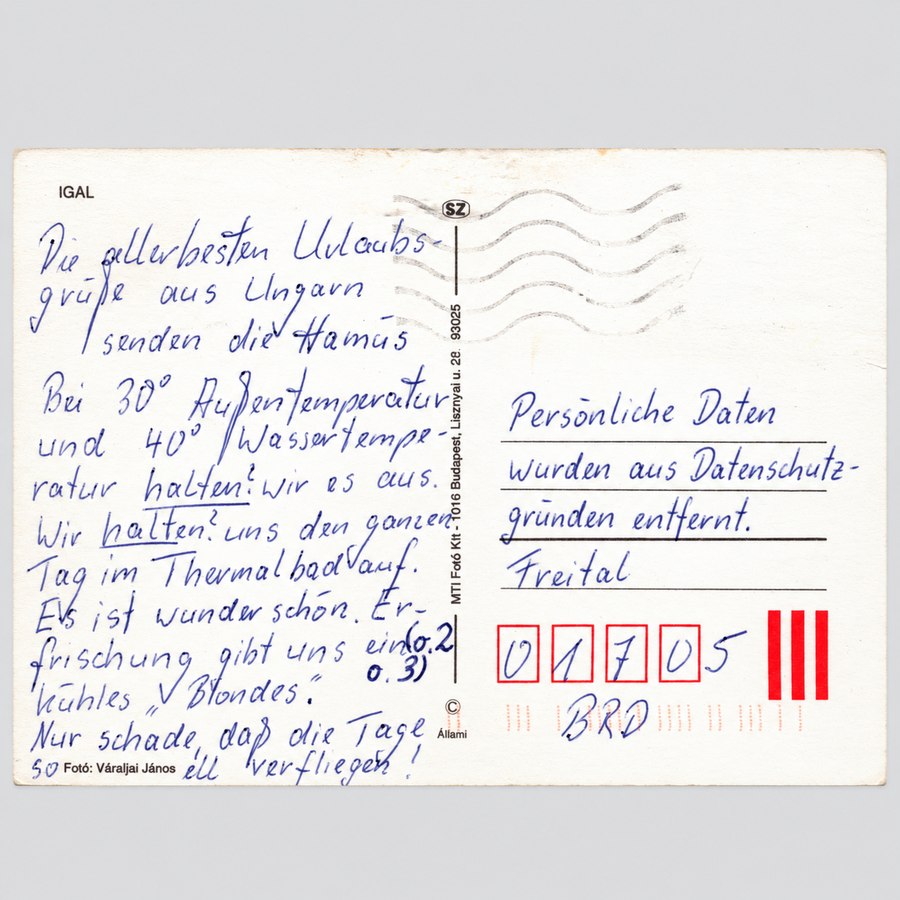 Alte Ansichtskarte von Igal, historische AK aus dem Komitat Somogy mit handschriftlichen Urlaubsgrüßen und postalischen Angaben.