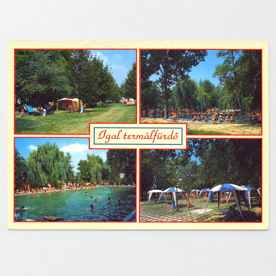Alte Ansichtskarte von Igal, historische AK aus dem Komitat Somogy mit Thermalbad, Schwimmbecken, Badegästen und Campingplatz.