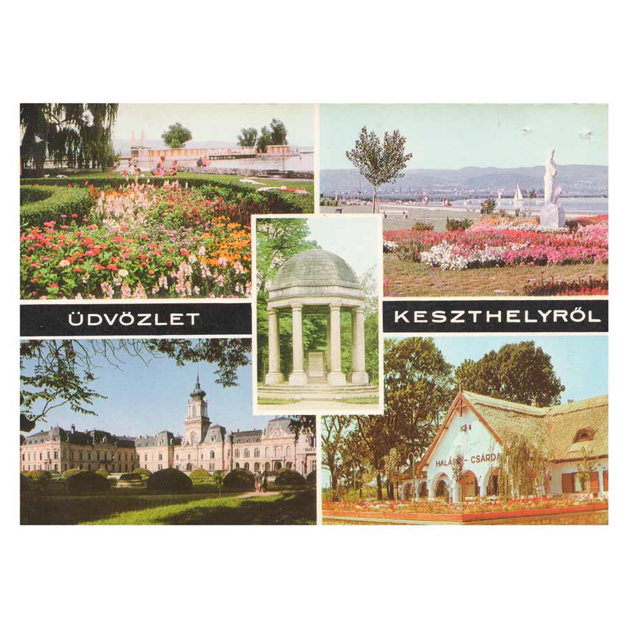 Alte Ansichtskarte Keszthely am Balaton von 1976 mit Festetics-Schloss, Balatonufer, Blumenanlagen, Helikon-Pavillon und Halász Csárda.
