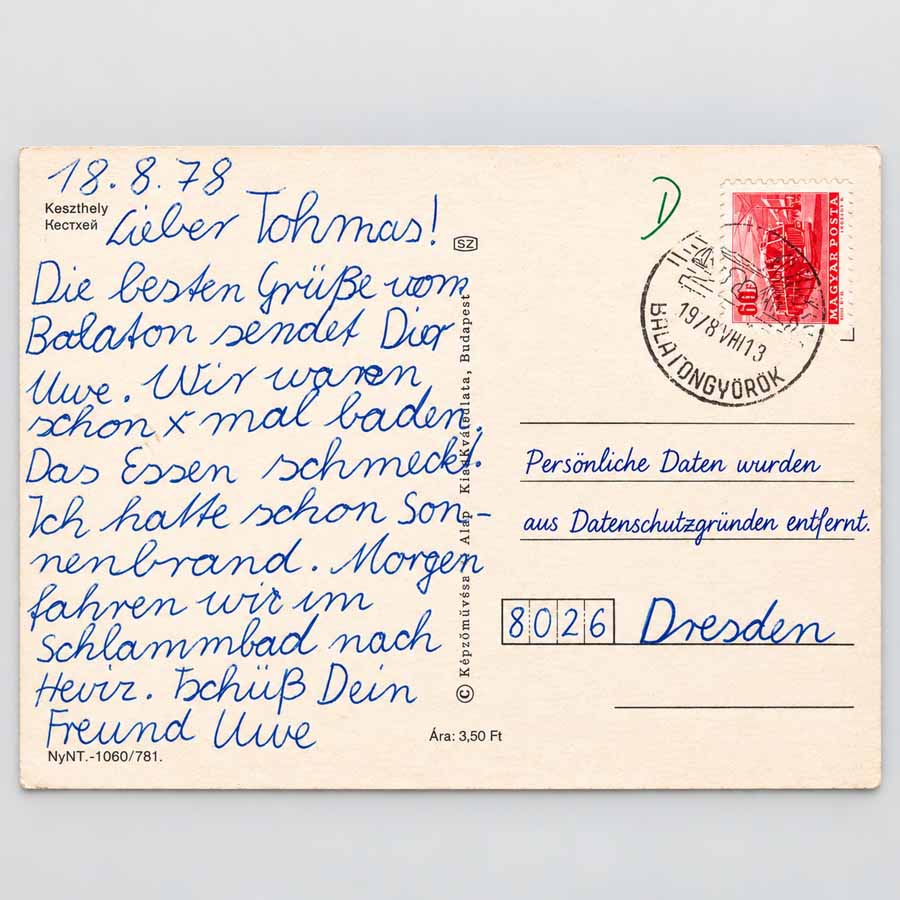 Alte Ansichtskarten Keszthely – postalisch gelaufene Rückseite mit Briefmarke und Poststempel