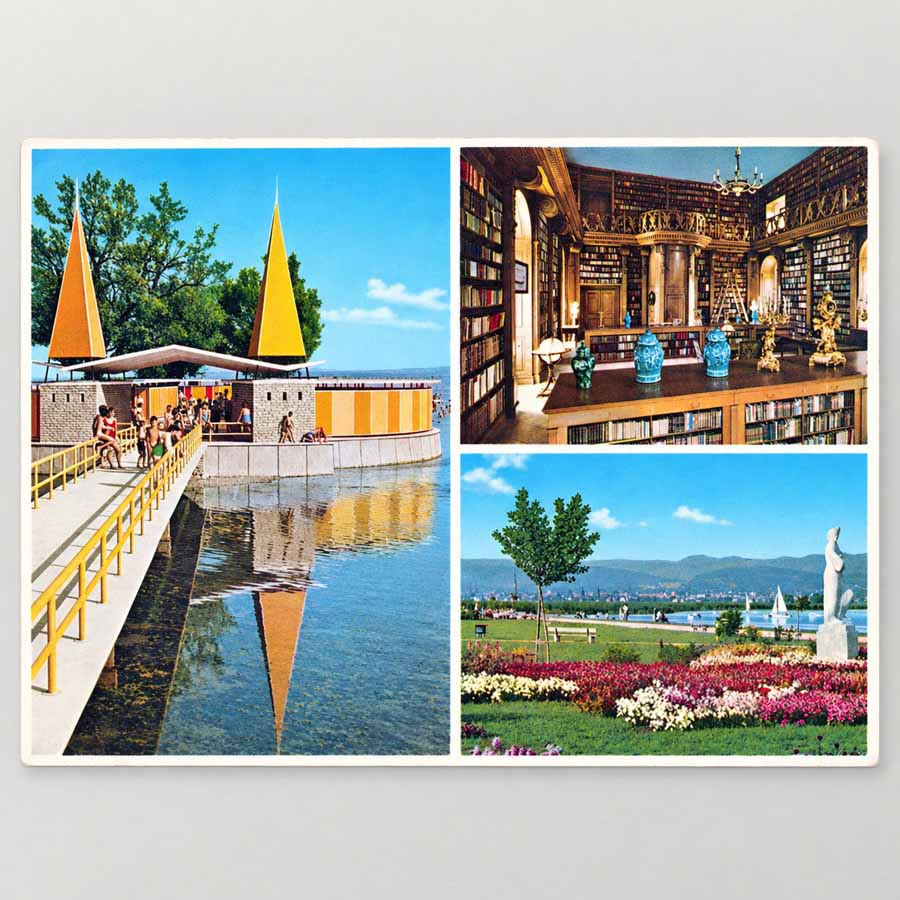 Alte Ansichtskarten Keszthely – Balaton mit Szigetfürdő, Bibliothek und Parkanlage