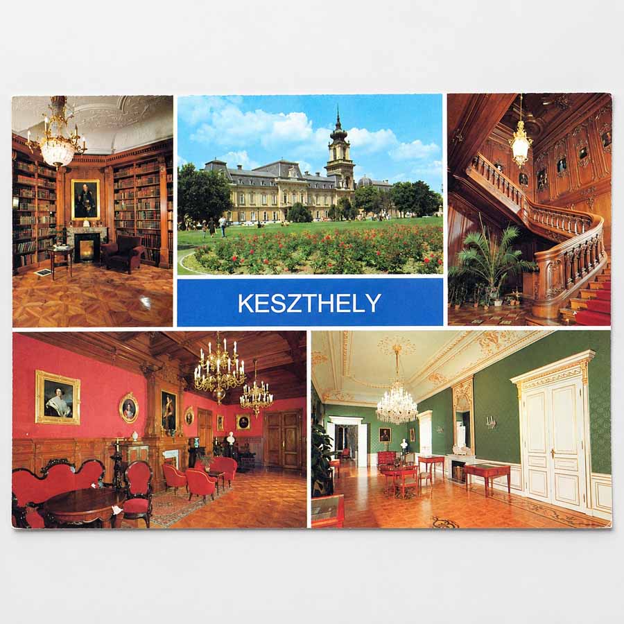 Alte Ansichtskarten Keszthely – Festetics-Schloss mit Bibliothek, Treppenhaus und historischen Innenräumen