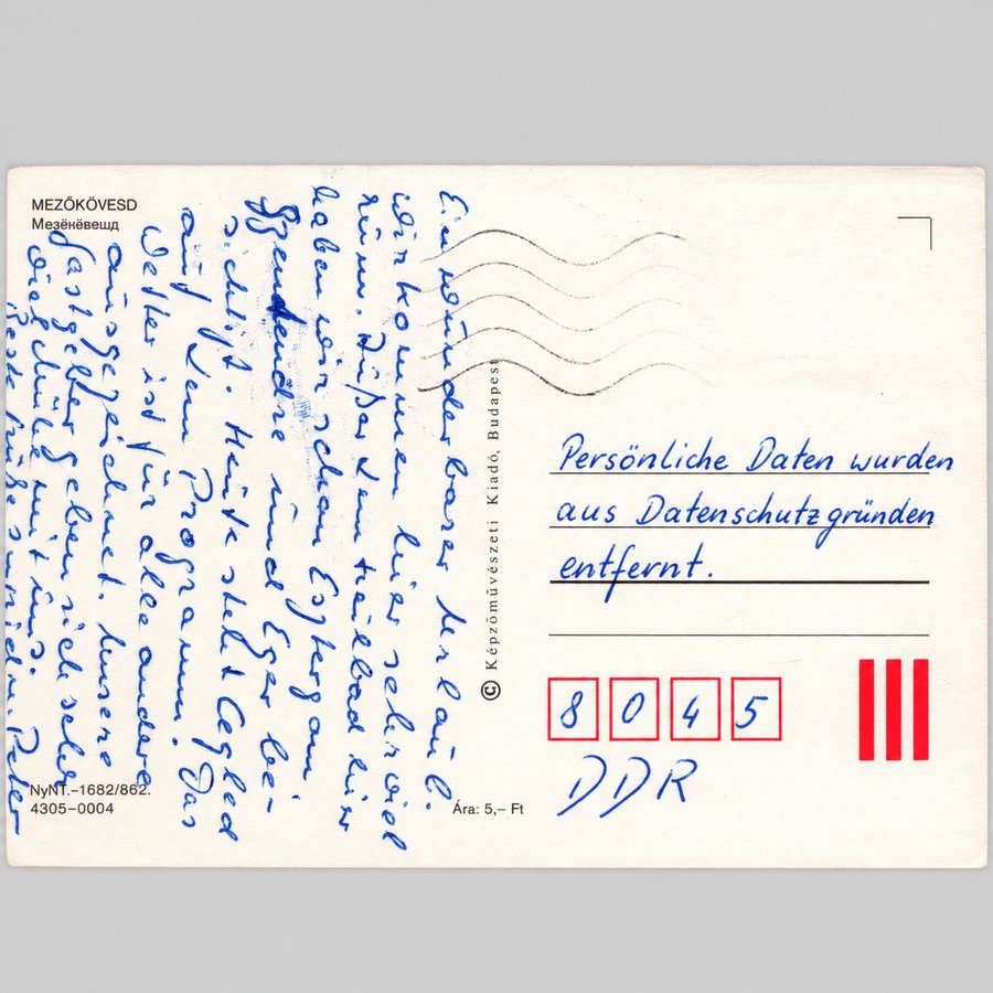 Alte Ansichtskarte von Mezőkövesd, historische AK aus dem Komitat Borsod-Abaúj-Zemplén mit Handschrift, Postmerkmalen und postalischen Angaben.