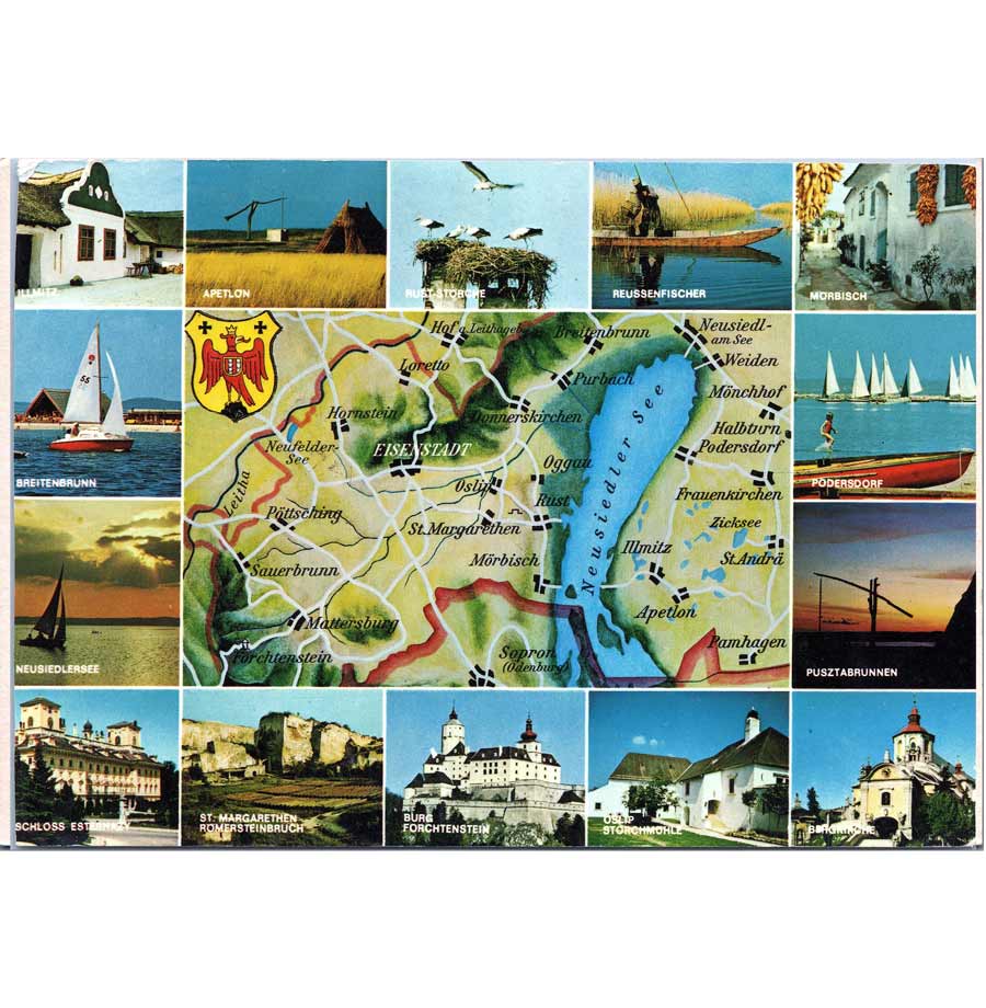 Alte Ansichtskarte Neusiedlersee im Burgenland mit Landkarte, Eisenstadt, Rust, Mörbisch, Podersdorf, Apetlon und historischen Motiven rund um den See.