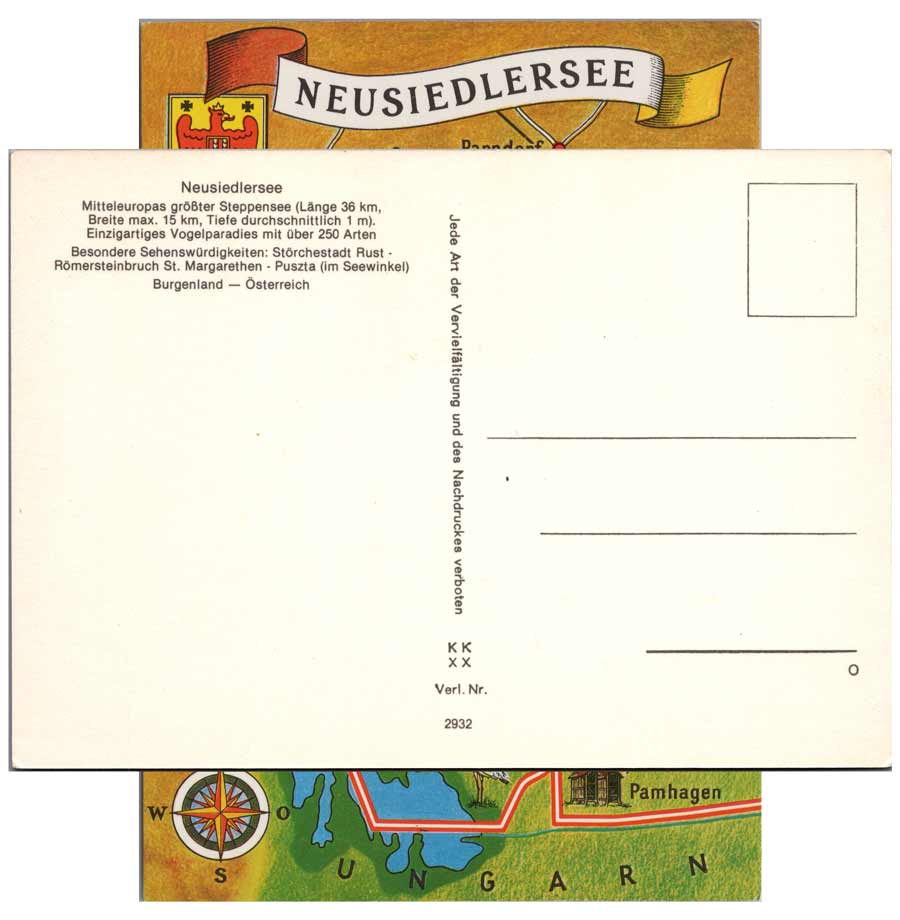 Rückseite der alten Ansichtskarte Neusiedlersee mit gedruckten Angaben zum Steppensee, Vogelparadies, Rust, Römersteinbruch St. Margarethen und Seewinkel.
