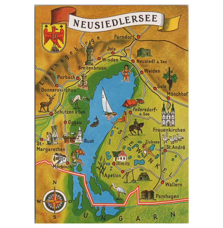 Alte Ansichtskarte Neusiedlersee mit illustrierter Landkarte und Orten wie Rust, Mörbisch, Podersdorf, Apetlon, Illmitz, Frauenkirchen, Pamhagen und Neusiedl am See.