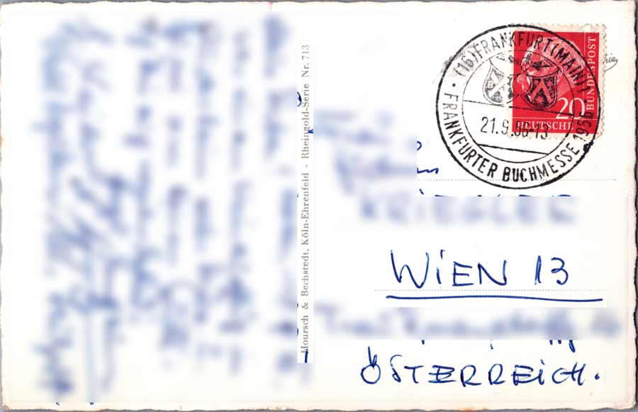 Rückseite einer gelaufenen alten Ansichtskarte vom Rhein zwischen Mainz und Koblenz mit Briefmarke und Frankfurter-Buchmesse-Stempel
