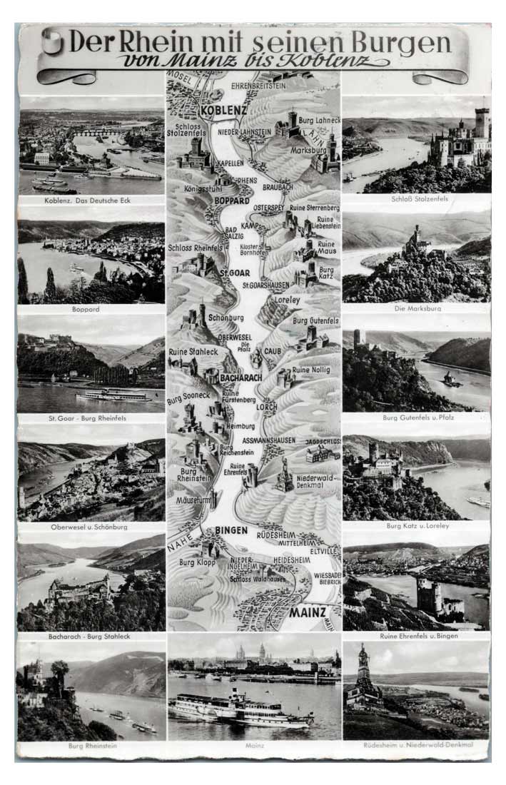 Old postcard The Rhine with its castles from Mainz to Koblenz with Loreley, Boppard, Bacharach and Rhine castles