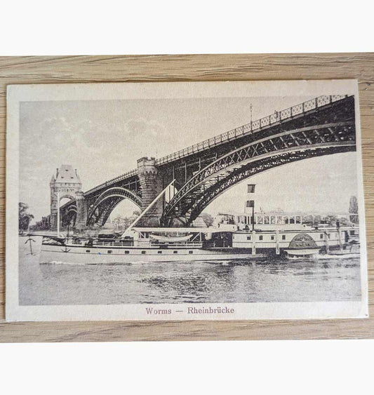 Alte Ansichtskarte von Worms Rheinbrücke mit Ernst-Ludwig-Brücke und Schiff auf dem Rhein um 1900