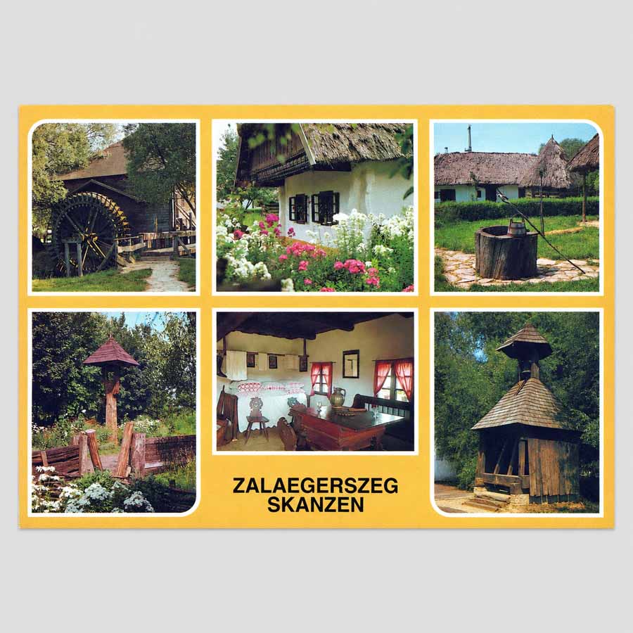 Alte Ansichtskarte von Zalaegerszeg, historische AK mit Motiven des Freilichtmuseums und traditioneller ungarischer Baukultur.