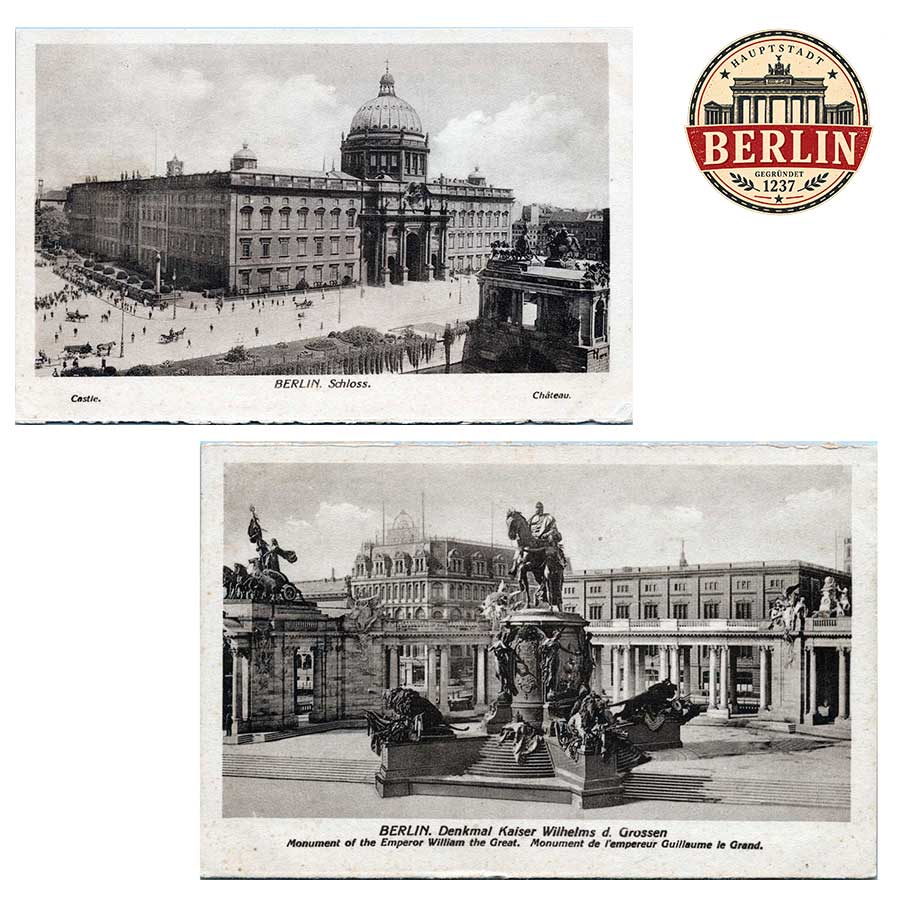 Alte Ansichtskarten Berlin im Set – Vorderseiten mit Berliner Schloss und Kaiser-Wilhelm-Denkmal