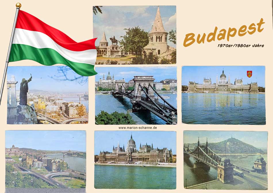 Alte Ansichtskarten aus Budapest aus den 1970er und 1980er Jahren mit Parlament, Kettenbrücke, Fischerbastei, Donau und ungarischer Flagge.