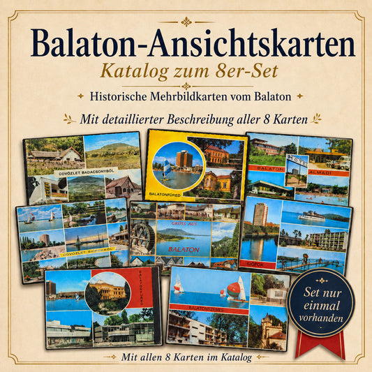 Balaton Ansichtskarten Katalog mit acht historischen Mehrbildkarten und detaillierten Kartenbeschreibungen