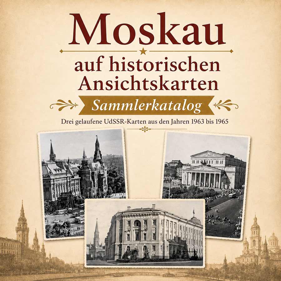Sammlerkatalogs „Moskau auf historischen Ansichtskarten“ mit drei gelaufenen UdSSR-Karten aus den Jahren 1963 bis 1965.