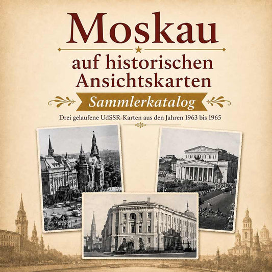 Sammlerkatalogs „Moskau auf historischen Ansichtskarten“ mit drei gelaufenen UdSSR-Karten aus den Jahren 1963 bis 1965.