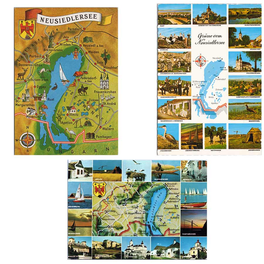 Drei alte Ansichtskarten vom Neusiedlersee als Set mit historischen Landkarten, Orten im Burgenland, Seewinkel und der Grenze zu Ungarn.