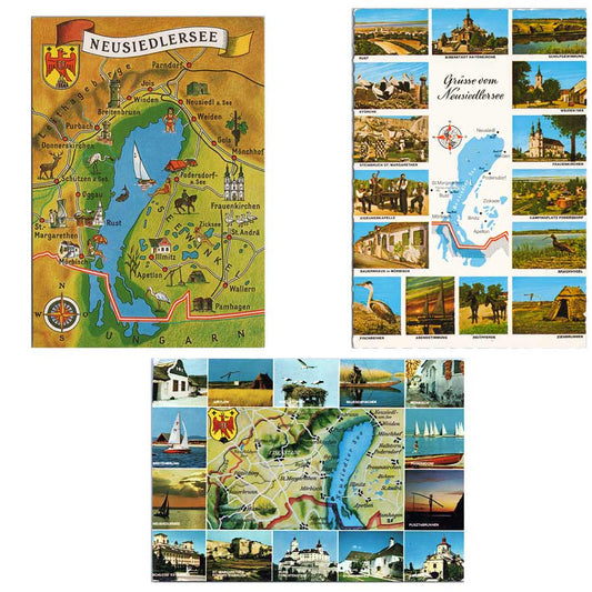 Drei alte Ansichtskarten vom Neusiedlersee als Set mit historischen Landkarten, Orten im Burgenland, Seewinkel und der Grenze zu Ungarn.