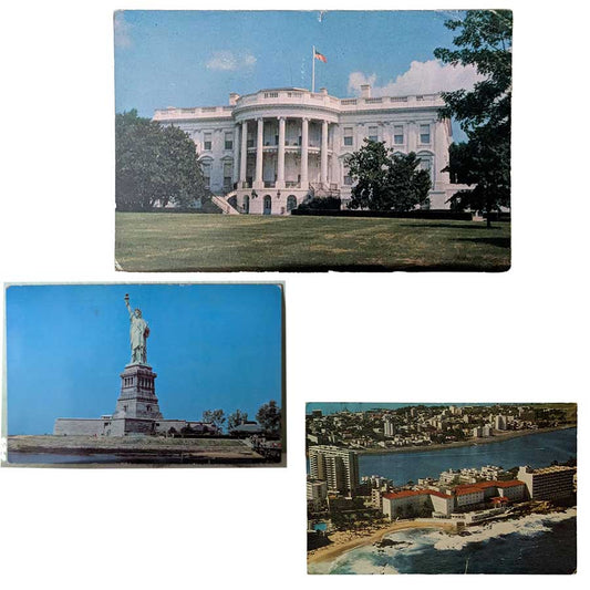 Drei historische Ansichtskarten mit Weißem Haus in Washington, Freiheitsstatue in New York und Condado Beach Hotel in San Juan auf Puerto Rico.