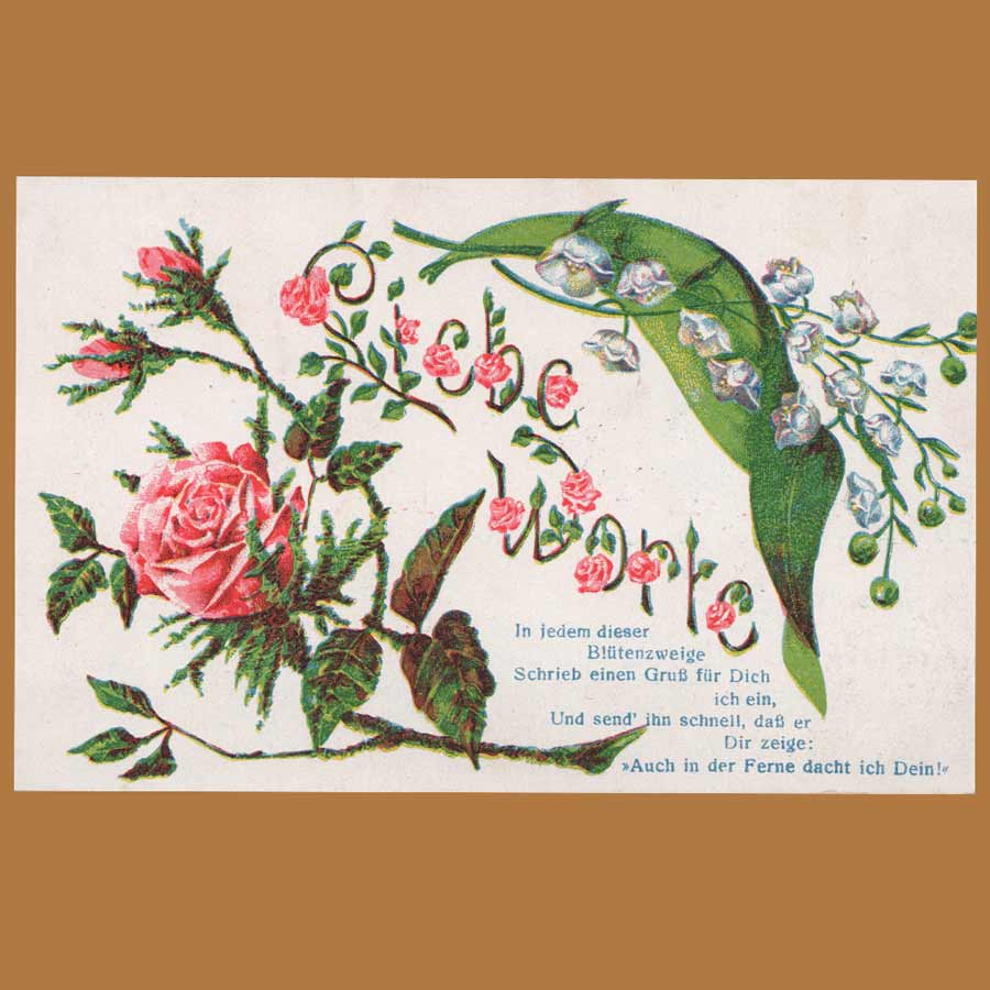 Alte Glückwunschkarte von 1911 mit Rose und Maiglöckchen, historische Blumenpostkarte mit Berliner Postbezug.