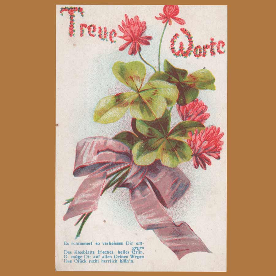 Alte Glückwunschkarte mit Kleeblatt und roten Blüten, historische Postkarte mit Bezug zu Gollantsch im Kreis Wongrowitz, Posen.