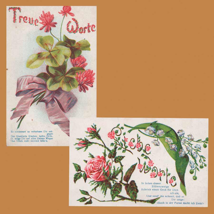 Zwei alte Glückwunschkarten um 1911 aus der Kaiserzeit mit Blumen- und Glücksmotiven sowie Bezügen zu Berlin und Posen.