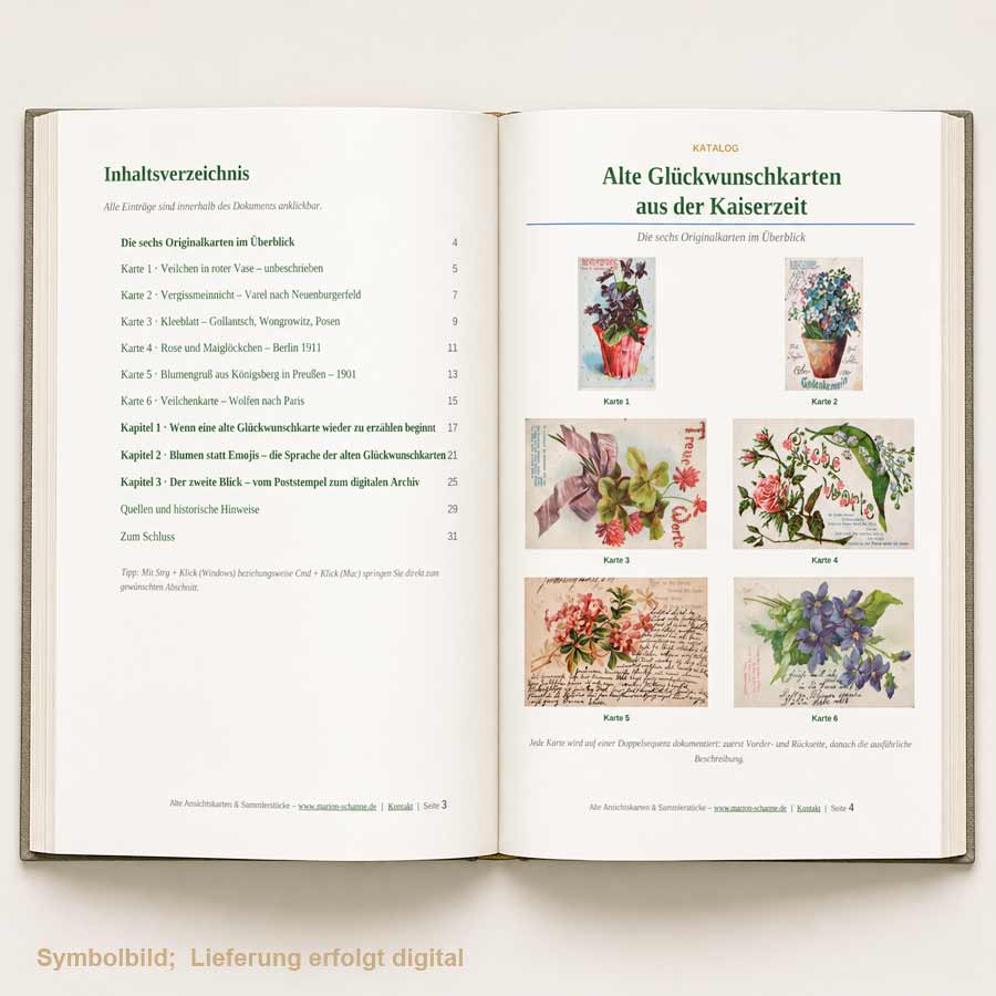 Alte Glückwunschkarten aus der Kaiserzeit – aufgeschlagenes E-Book mit Inhaltsverzeichnis und Übersicht der sechs historischen Karten
