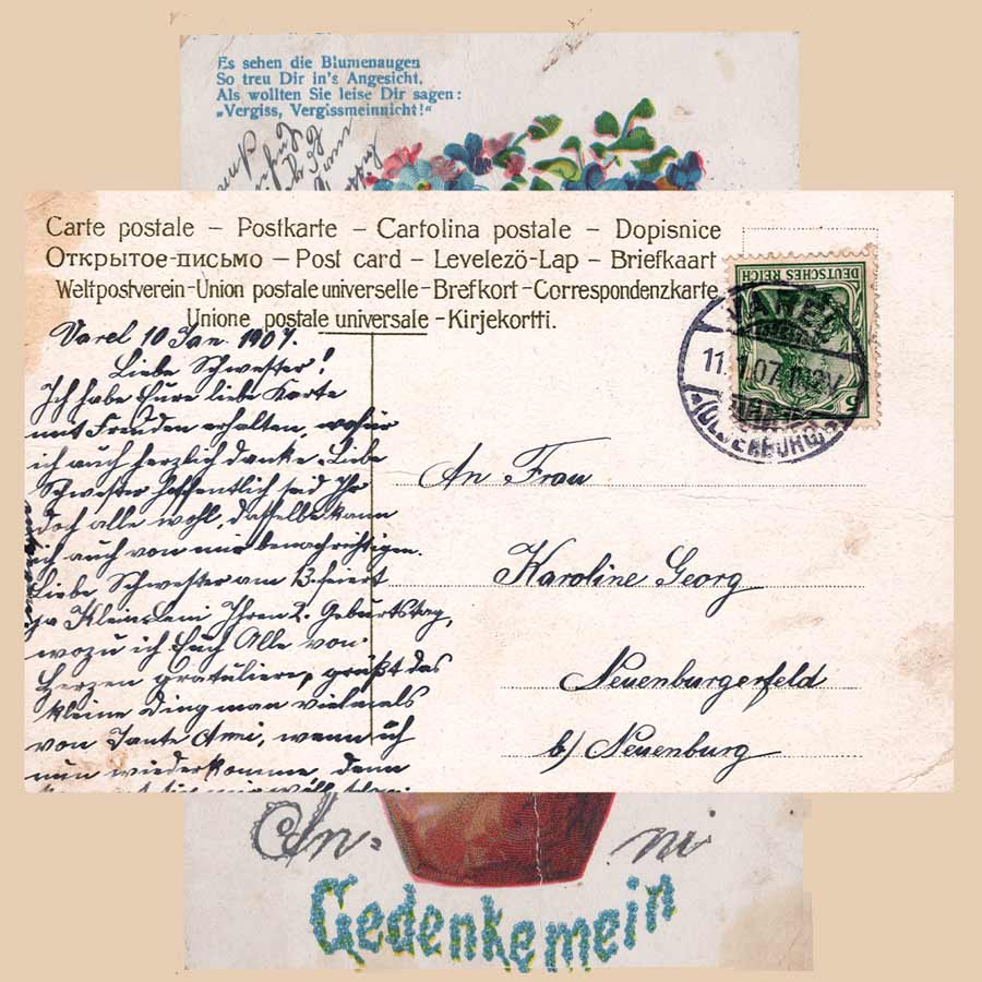 Rückseite der gelaufenen Postkarte von 1907 aus Varel nach Neuenburgerfeld bei Neuenburg mit 5-Pfennig-Marke Deutsches Reich und Poststempel.