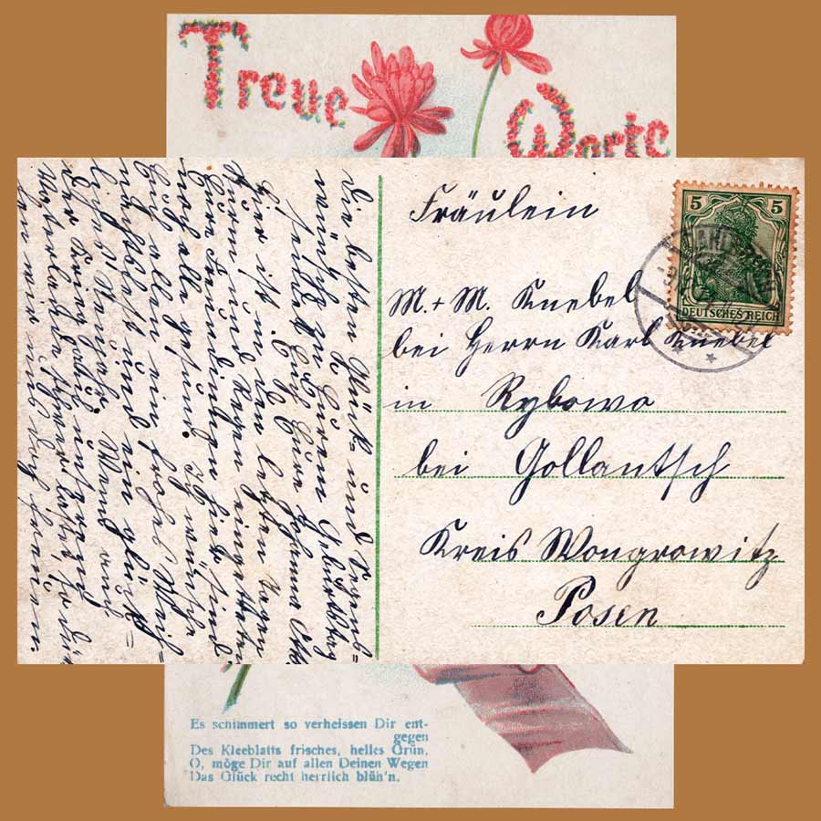 Beschriebene Rückseite einer alten Postkarte nach Gollantsch im Kreis Wongrowitz, Provinz Posen, mit 5-Pfennig-Briefmarke Deutsches Reich.