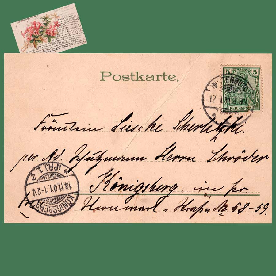 Rückseite einer alten Glückwunschkarte von 1901 aus Königsberg in Preußen mit 5-Pfennig-Reichspost-Marke und Poststempel.