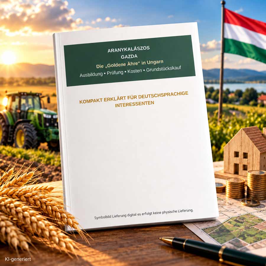Aranykalászos gazda – digitales Booklet zur „Goldenen Ähre“ in Ungarn mit Informationen zu Ausbildung, Prüfung, Kosten und Grundstückskauf für deutschsprachige Interessenten.