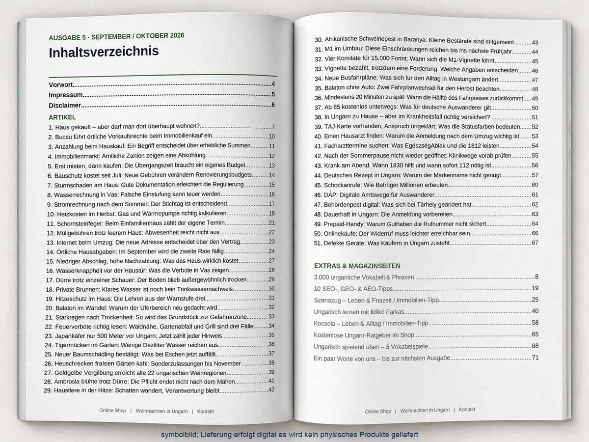Auswandern nach Ungarn Magazin Inhaltsverzeichnis