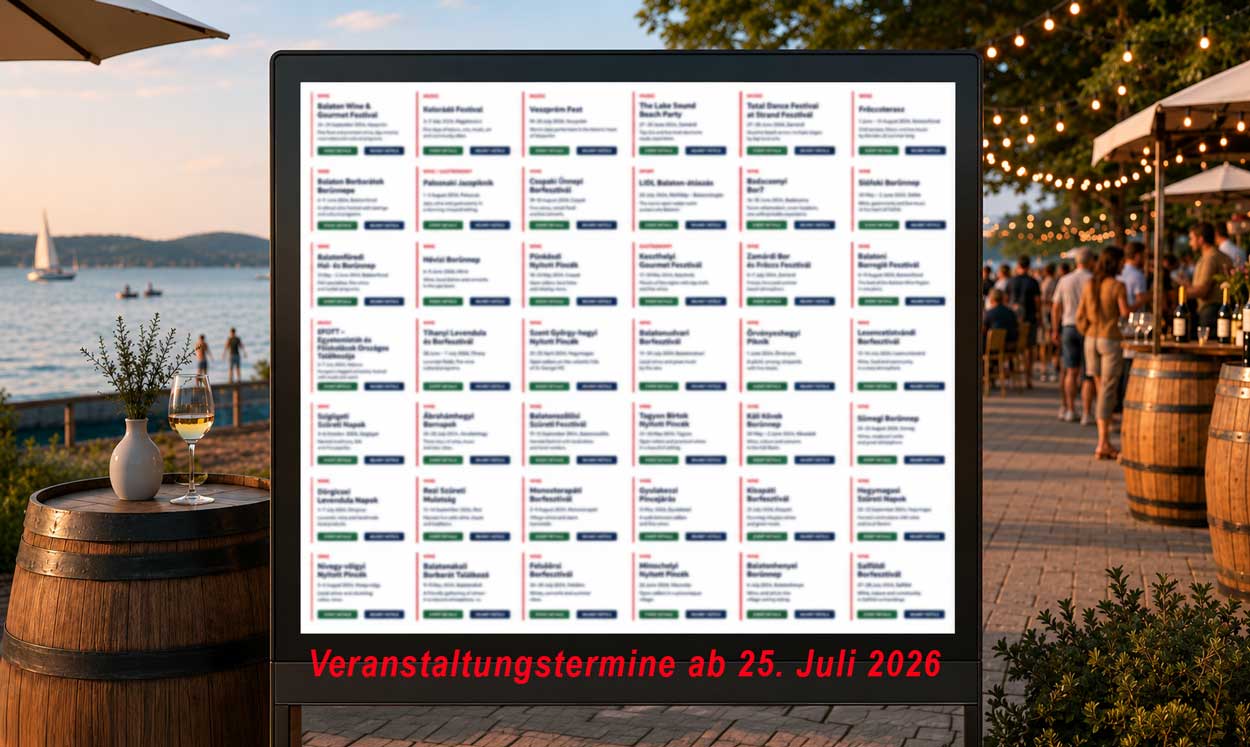 Digitaler Kundenstopper am Balaton mit Übersicht zu Festivals und Weinfesten vor Strand und Weinfest Kulisse.