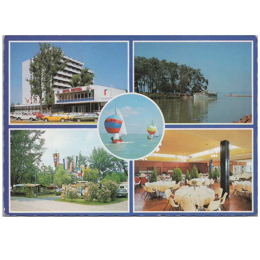 Alte Ansichtskarte Balatonföldvár – Hotel Festival, Segeln und Camping