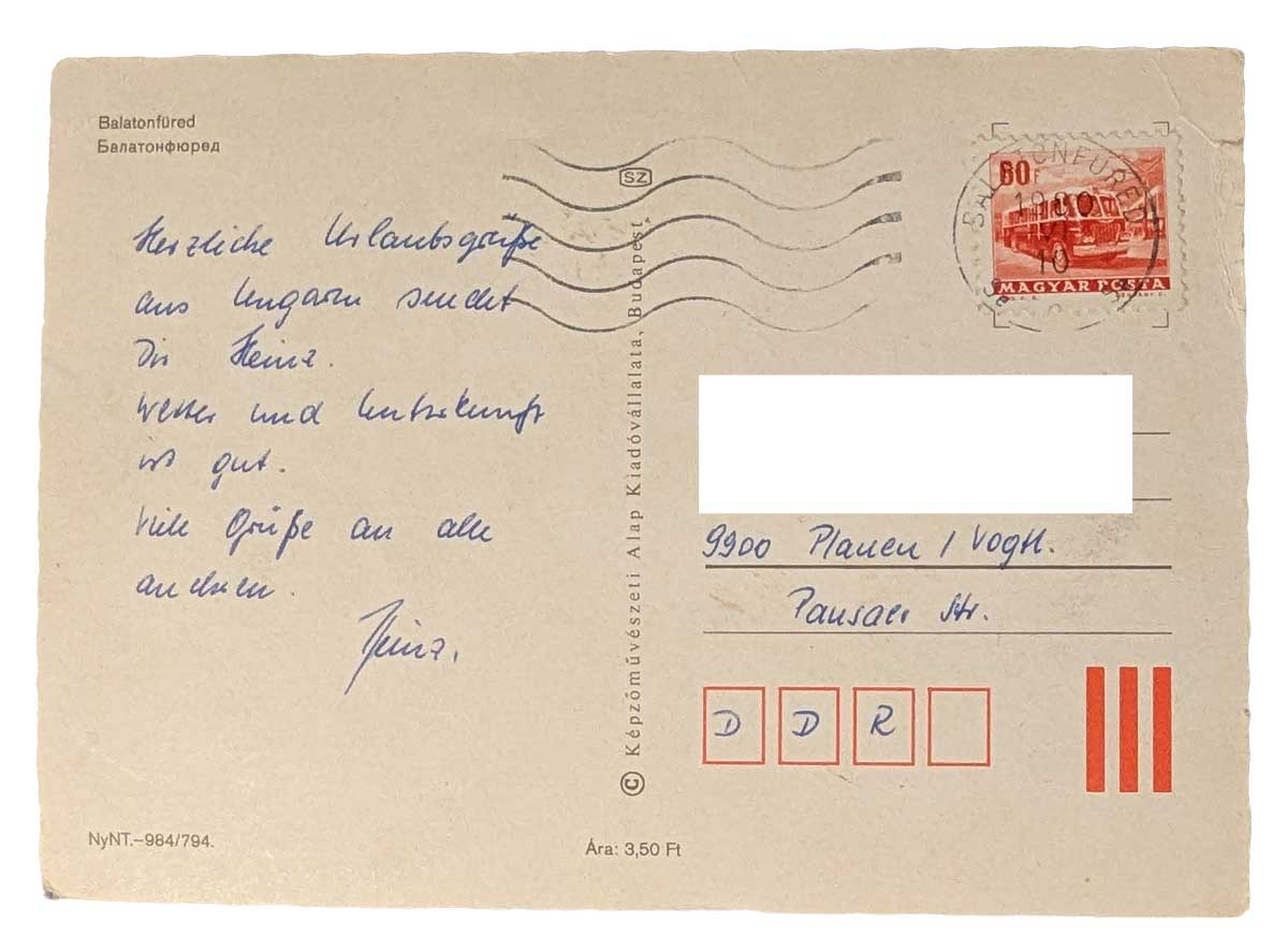Rückseite einer alten Ansichtskarte aus Ungarn von 1980, verschickt aus Balatonfüred am Balaton nach Plauen in der DDR