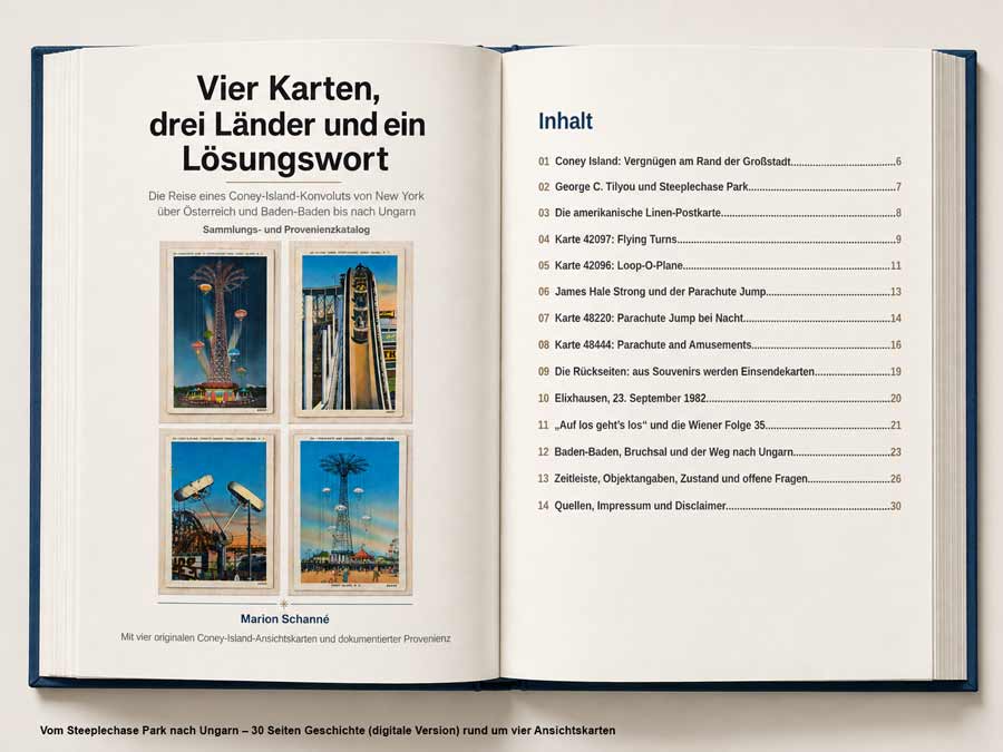4 alte Coney-Island-Ansichtskarten mit 30-seitiger Dokumentation zur Reise vom Steeplechase Park über Österreich bis Ungarn
