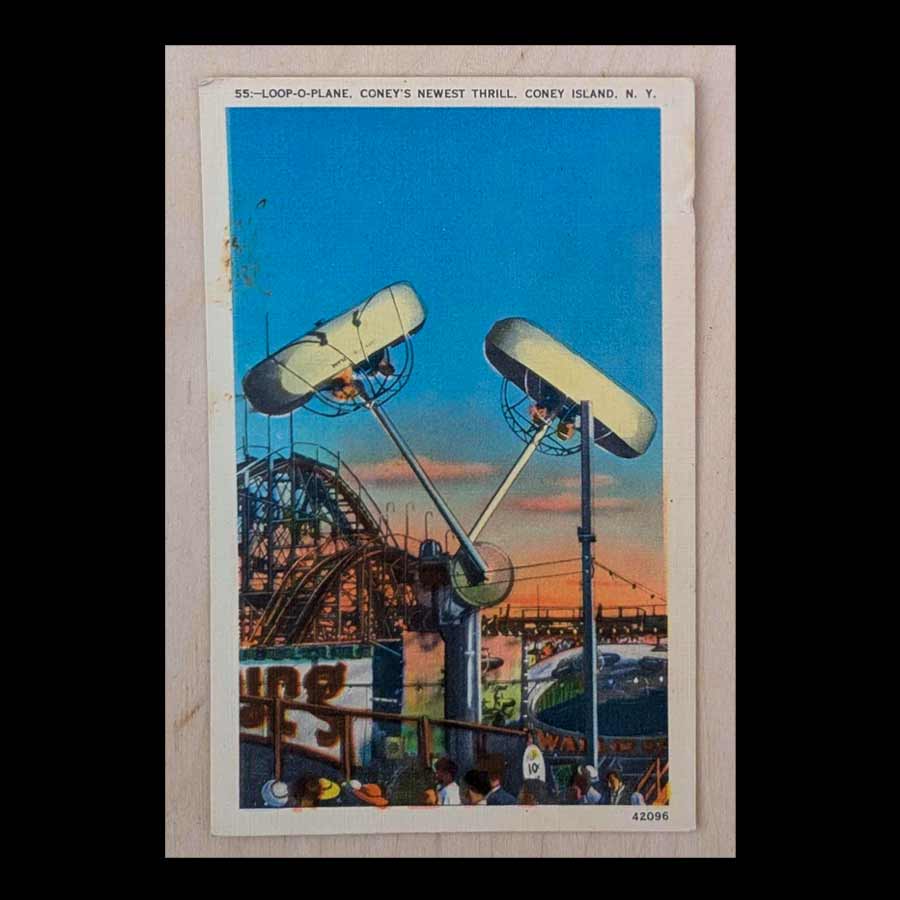 Alte Ansichtskarte des Loop-O-Plane Fahrgeschäfts auf Coney Island in New York