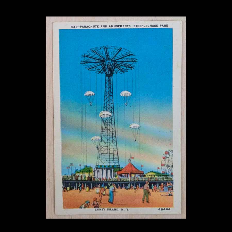 Alte Ansichtskarte mit Parachute Jump und Vergnügungen im Steeplechase Park auf Coney Island
