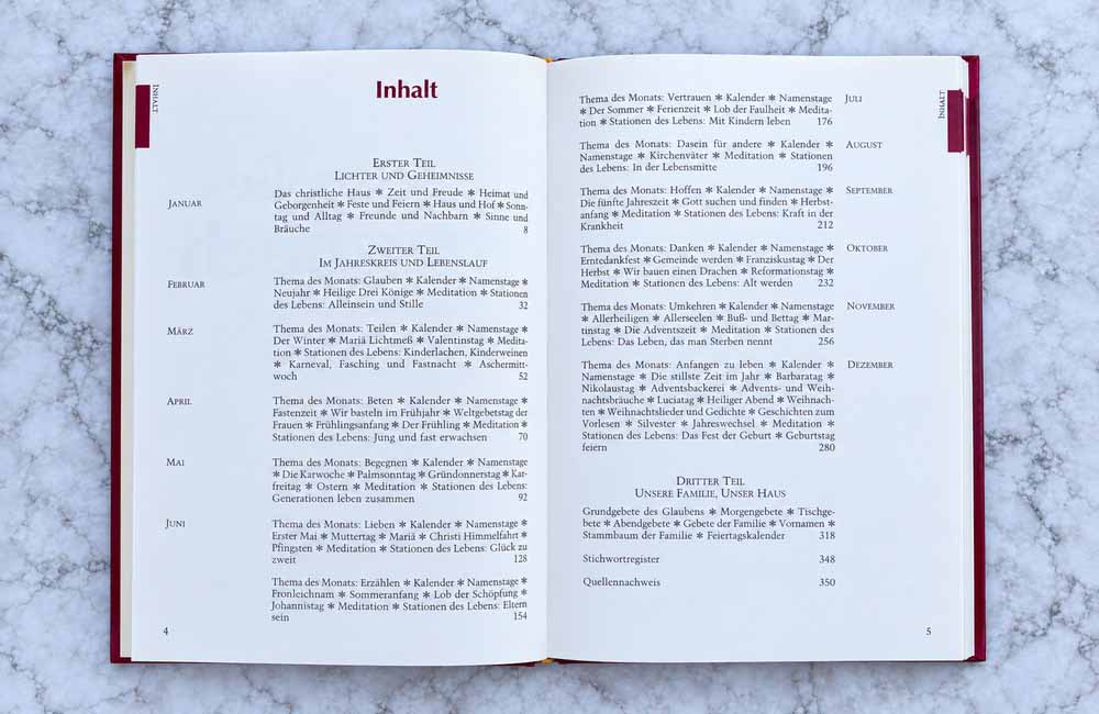 Das große Hausbuch – Inhaltsverzeichnis mit Themen zu Kirchenjahr, Familie, Festen und Bräuchen