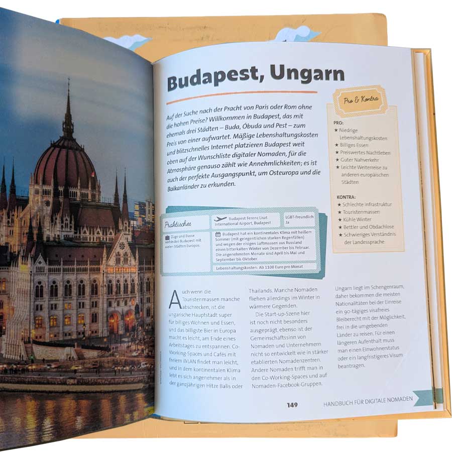 Das Handbuch für digitale Nomaden – Buchseite über Budapest in Ungarn als Standort für ortsunabhängiges Arbeiten