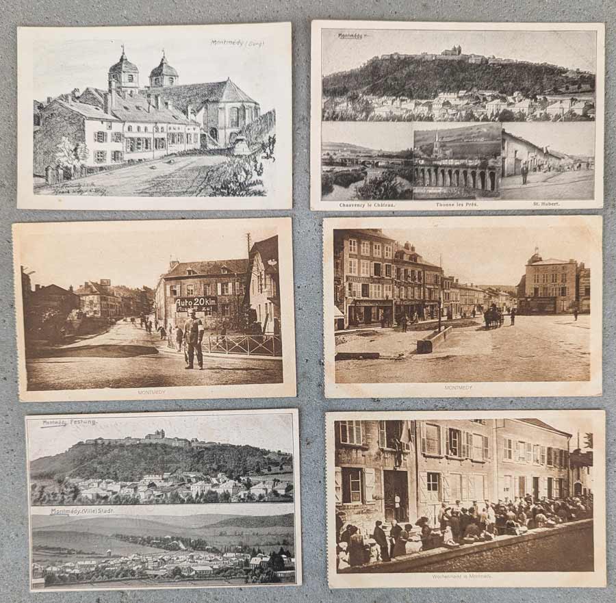 Sechs originale Feldpostkarten aus Montmédy von 1916 mit historischen Motiven, Feldpoststempeln Nr. 46 und 91 sowie Verdun-Bezug.