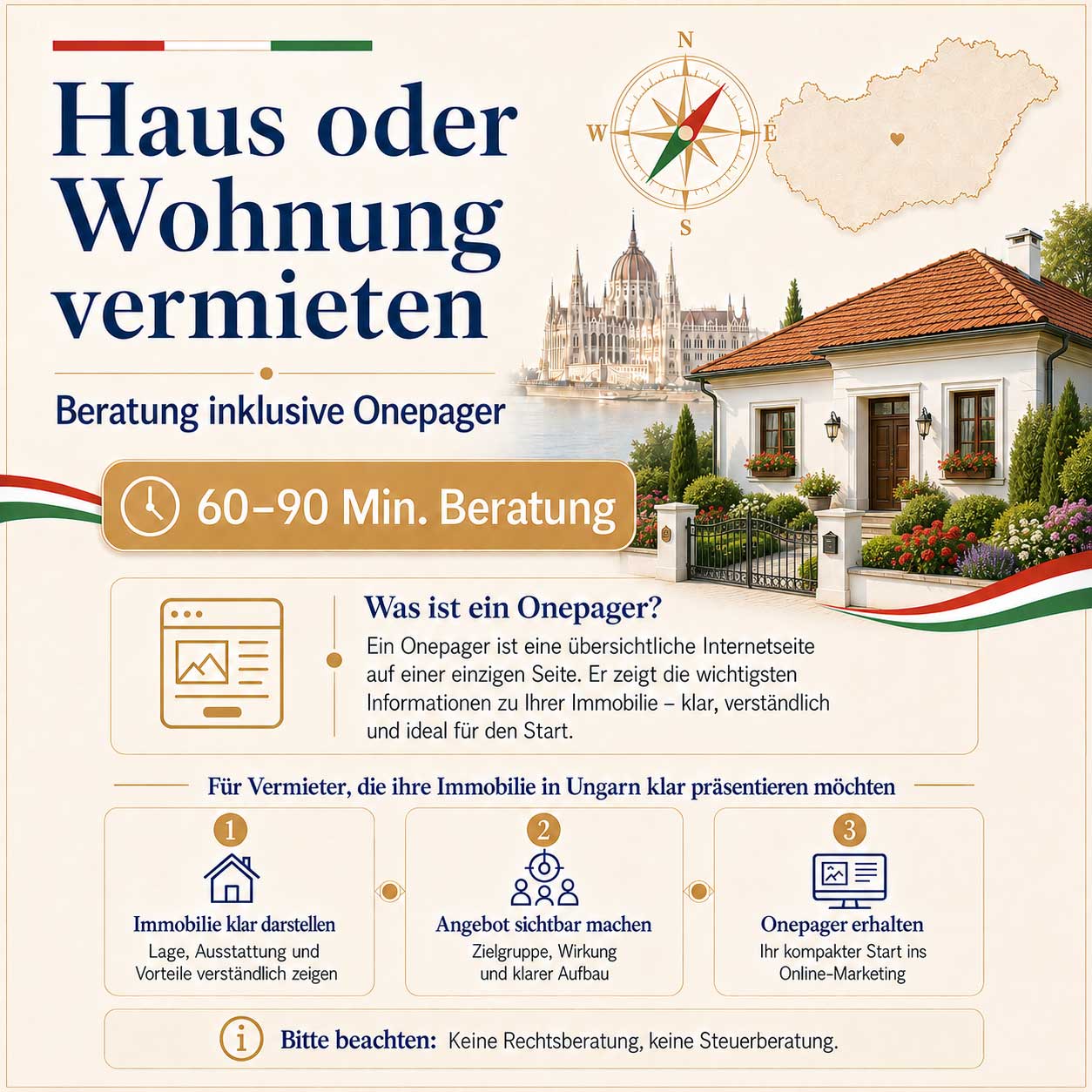 Beratung für Vermieter in Ungarn: Haus oder Wohnung online präsentieren, inklusive Onepager, 60–90 Minuten Beratung und ungarisch wirkendem Haus mit weißer Fassade, rotem Dach und Blumengarten.