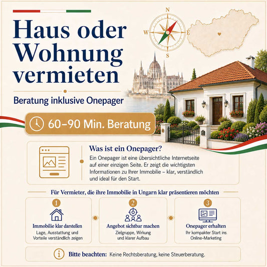 Beratung für Vermieter in Ungarn: Haus oder Wohnung online präsentieren, inklusive Onepager, 60–90 Minuten Beratung und ungarisch wirkendem Haus mit weißer Fassade, rotem Dach und Blumengarten.